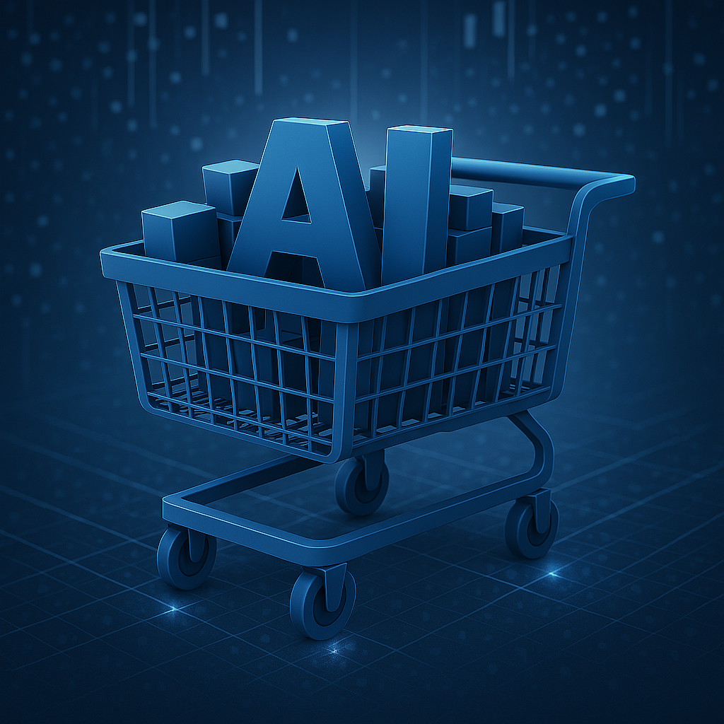 Einkaufswagen mit AI - Artificial Intelligence im Korb, symbolisiert KI im Einkauf
