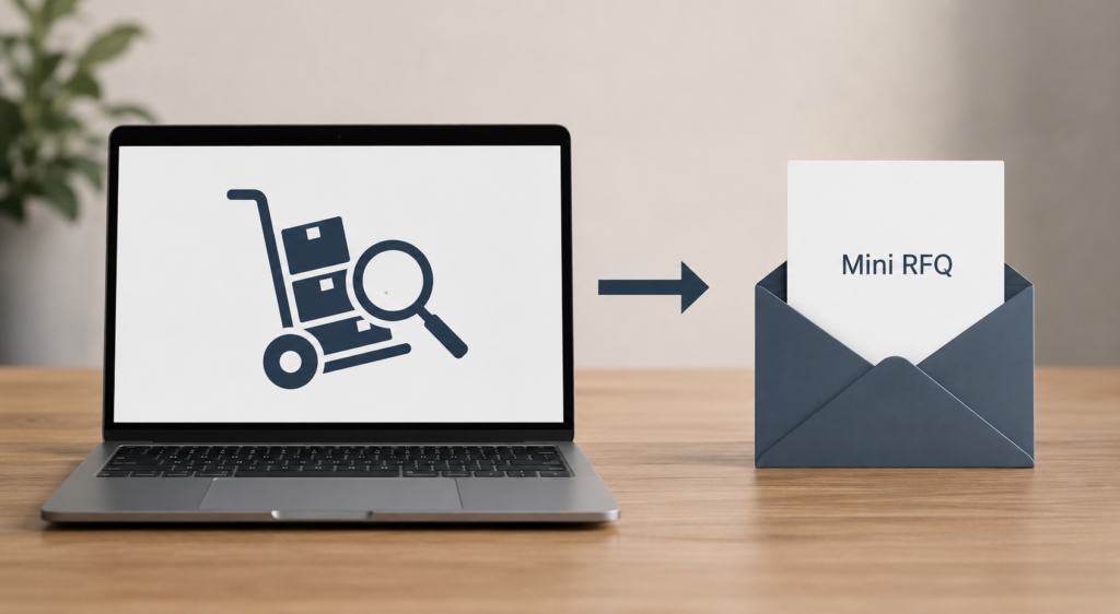 Darstellung MiniRfQ Guided Buying - Laptop mit Symbol für Lieferantensuche und Umschlag mit Aufschrift "MiniRfQ"
